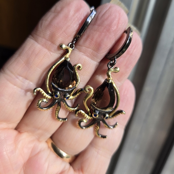 Smokey Quartz & Sapphire Sterling Gold & Rhodium Octopus ๐ Earrings - Picture 5 of 7